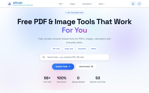 AFFLIGO homepage — 56+ free online tools for PDFs, images, calculators and everyday tasks. Search any tool, no signup needed, everything runs privatel