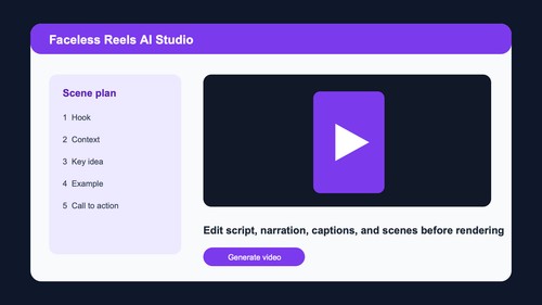 Faceless Reels AI review-first workspace for planning, editing, rendering, and exporting vertical video projects.