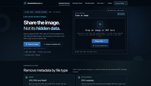 MetadataRemover.ai homepage showing browser-local metadata inspection, removal, editing, and verification tools.