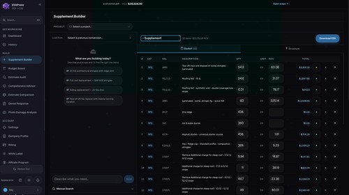Supplement Builder:
Describe the work in plain English and the AI Copilot resolves and prices the Xactimate line items. Review, adjust, export.