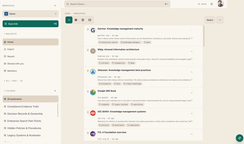 Centralized bookmark list with folders, tags, workspaces, and link health monitoring.