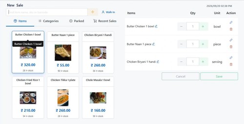 Restaurant order entry with sample menu data in a software demonstration.