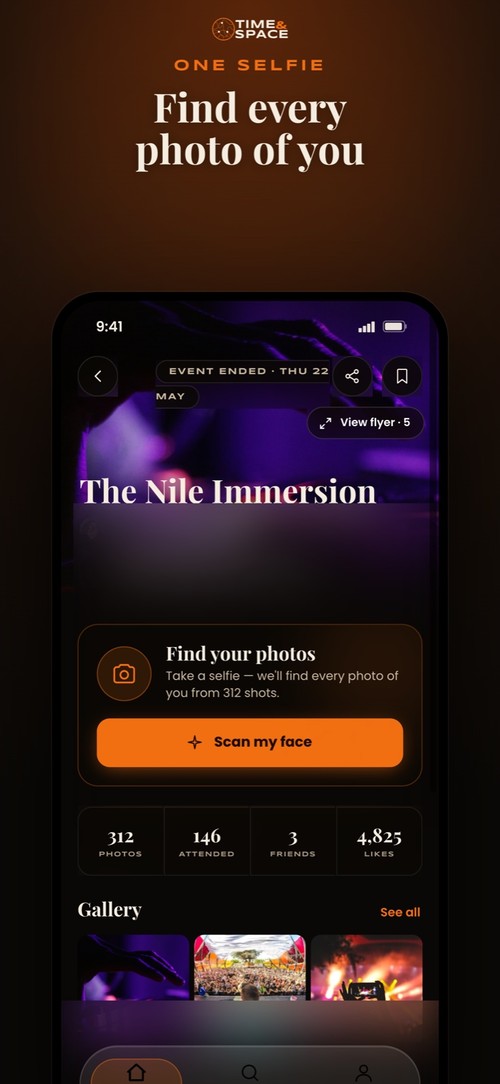 Guest event page: scan the QR code, take one selfie and find every photo of you.
