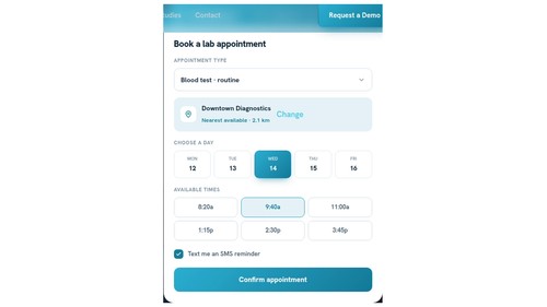 Online booking: patients choose appointment type, nearest site, day and time, with SMS reminder opt-in.