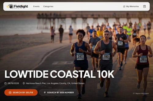 The event page your buyers see. They search by selfie or by bib number and get the exact set of photos they appear in.