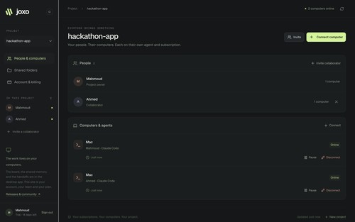 Joxo web dashboard for project teammates and connected computers.