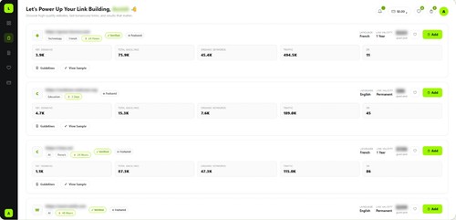 Linkpedia dashboard: browse vetted publisher sites with DR, traffic, and keyword metrics, then order verified guest post placements in one click.