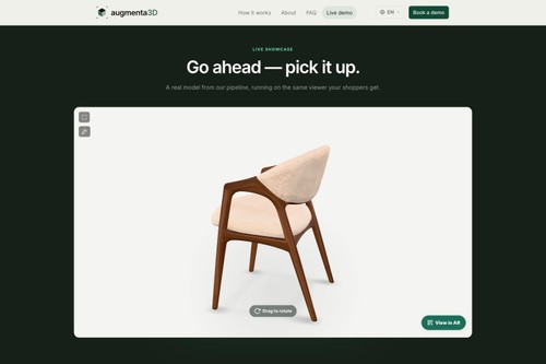 Live Augmenta3D furniture product page with an interactive 3D viewer and AR preview on supported devices.