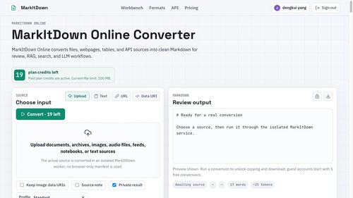 MarkItDown Online Converter homepage showing the hosted conversion workspace and supported content workflows.