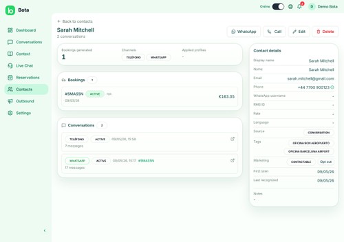 Bota admin panel: a WhatsApp conversation where the AI agent captures the customer's contact and booking details.
