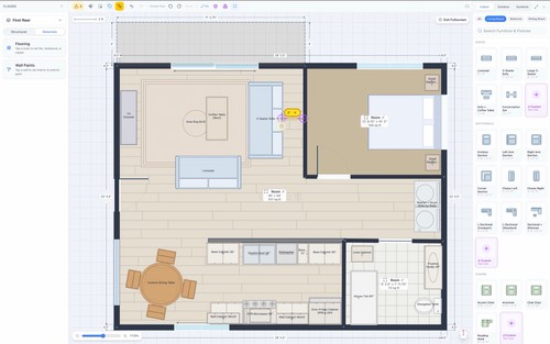 2D design editor: draw rooms to scale and place true-size furniture