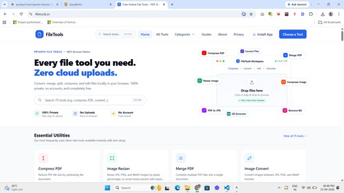 FileTools homepage showcasing a collection of free browser-based tools for PDF, image, text, calculator and everyday file management tasks.