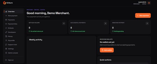 main dashboard of a marchant account.