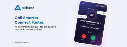 AI Dialer's cover photo features the platform logo and tagline, highlighting AI-driven tools, verified caller reputation, and secure communication.