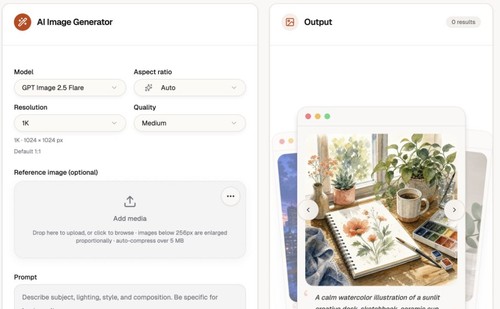 Imgstyler AI Image Generator workspace with model, output settings, reference image upload, prompt editor, and example preview.