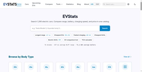 EVStats car catalog and comparison database