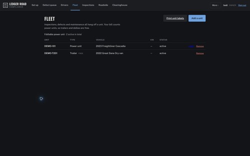 Fleet list in a demonstration workspace, showing vehicle records and compliance status.