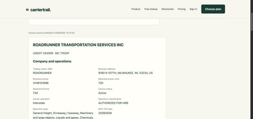 Public USDOT lookup showing a real FMCSA census record with source date.