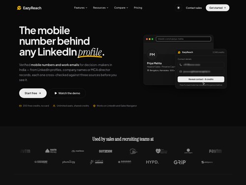 EazyReach homepage: reveal verified mobile numbers and work emails from any LinkedIn profile