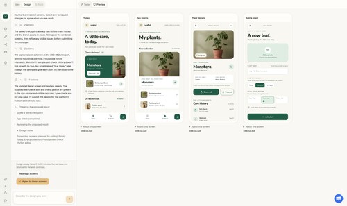 CiCrew Design workspace showing Leaflet, an internal plant-care app concept with demo data.