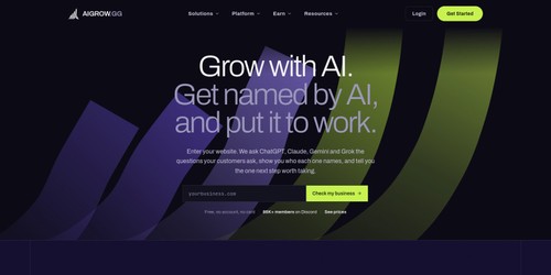 AIGROW home page: see whether ChatGPT, Claude, Gemini and Grok name your business when customers ask them.
