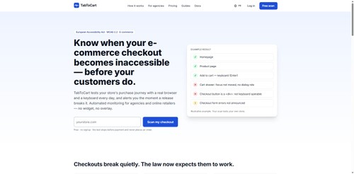 Homepage: free checkout test and example result