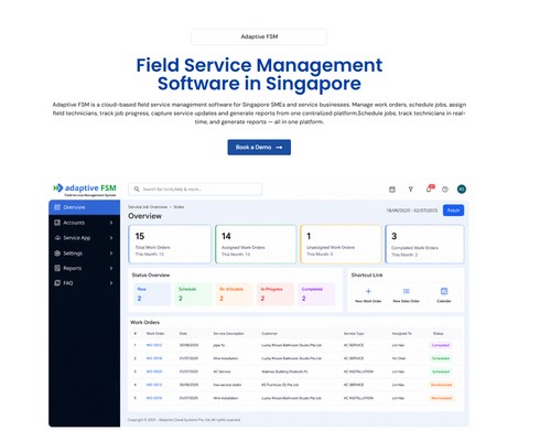 Adaptive FSM dashboard for managing field service operations, work orders, dispatch, tracking, inventory, invoicing, and service performance.