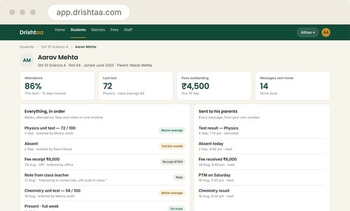 Student page: attendance, marks, fees and every message sent home on one timeline
