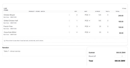 Sales invoice: items billed, total in ZMW (demo restaurant)