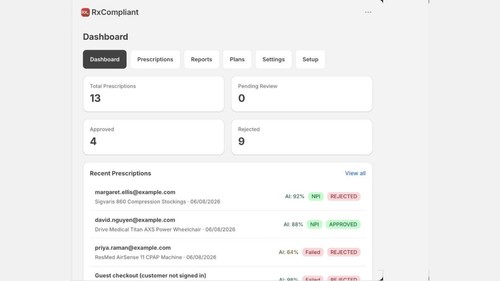Merchant dashboard: prescription uploads, approval status and recent activity