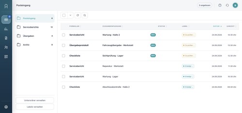 AUINA web app inbox for submitted forms, service reports and checklists.