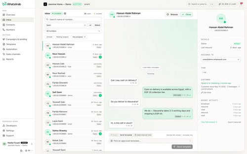 Shared team inbox with assignments, tags, snoozing and contact context. Demo workspace.