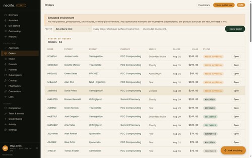 NeoLife demo Orders screen. Simulated environment with fictional data, not real patients or operational figures.