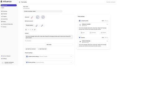 Post editor with channel previews — Example workspace