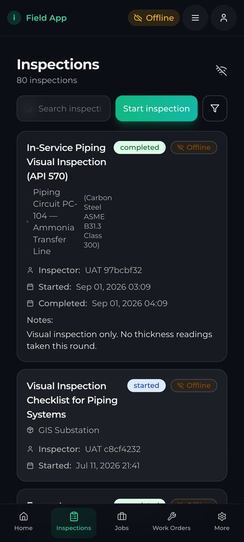 Running an inspection with no signal. Photos, video and a signature are captured per step and sync when the crew is back in range.