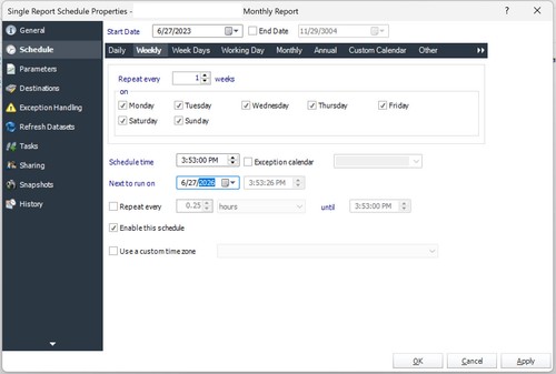 Report Schedule Properties – Weekly Tab