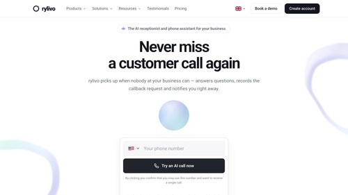 Public AI-call demo form at https://rylivo.com/; this is the website demo interface.