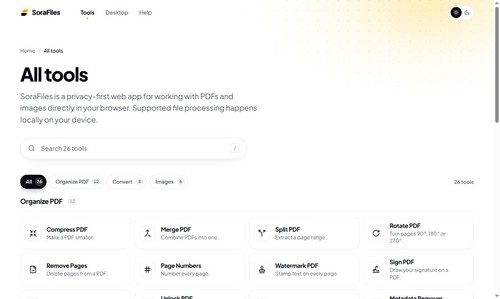 SoraFiles Web: real All tools page showing locally processed PDF workflows.