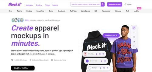 Mock It homepage showcasing apparel mockup categories, design tools, and online features for creating realistic clothing mockups for brands.