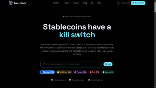 FreezeRadar homepage: check any wallet for USDT/USDC/PAXG freeze and blacklist risk
