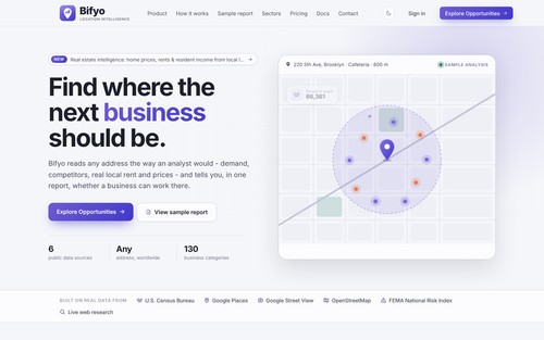 Bifyo homepage: enter any address and business type to find where a new business can work.