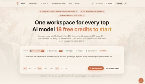 Full price table for every model: per second for video, per image for stills. One credit equals 0.01 USD and each render is quoted before it runs.