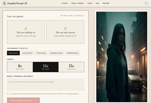 ZombieTrend AI — turn two photos into a cinematic zombie love story video