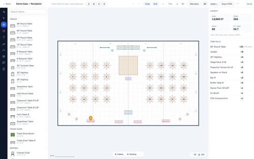 To-scale 2D event diagram editor with drag-and-drop tables, staging and AV, plus live seat count and room capacity