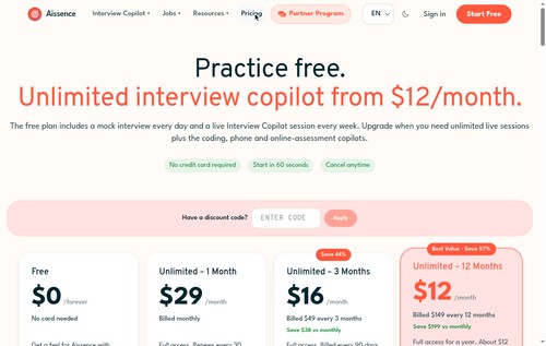 AissenceAI pricing page showing Free and paid plans