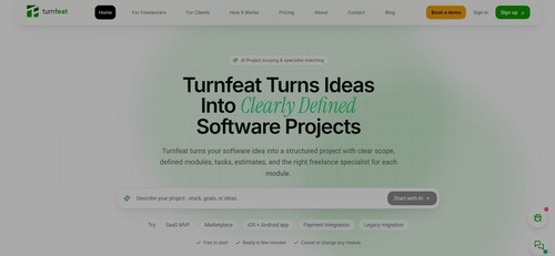 Turnfeat transforms software ideas into clearly defined projects with structured scopes, modules, estimates, and matched freelance specialists.