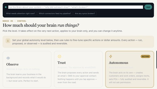 Autonomy controls: choose Observe, Trust or Autonomous, then fine-tune with rules. Every action is audited and reversible.