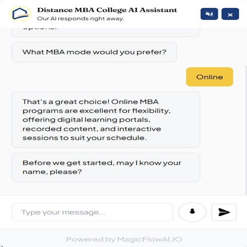 AI chatbot integrated into Distance MBA College to answer student queries, guide MBA mode selection, and capture prospective student enquiries.