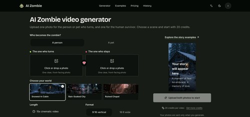 AI Zombie homepage showing the two-photo zombie reunion video workflow.