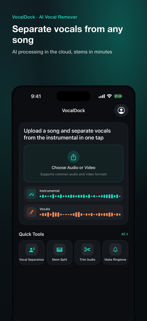 VocalDock iPhone app: separate vocals from a song in one tap.